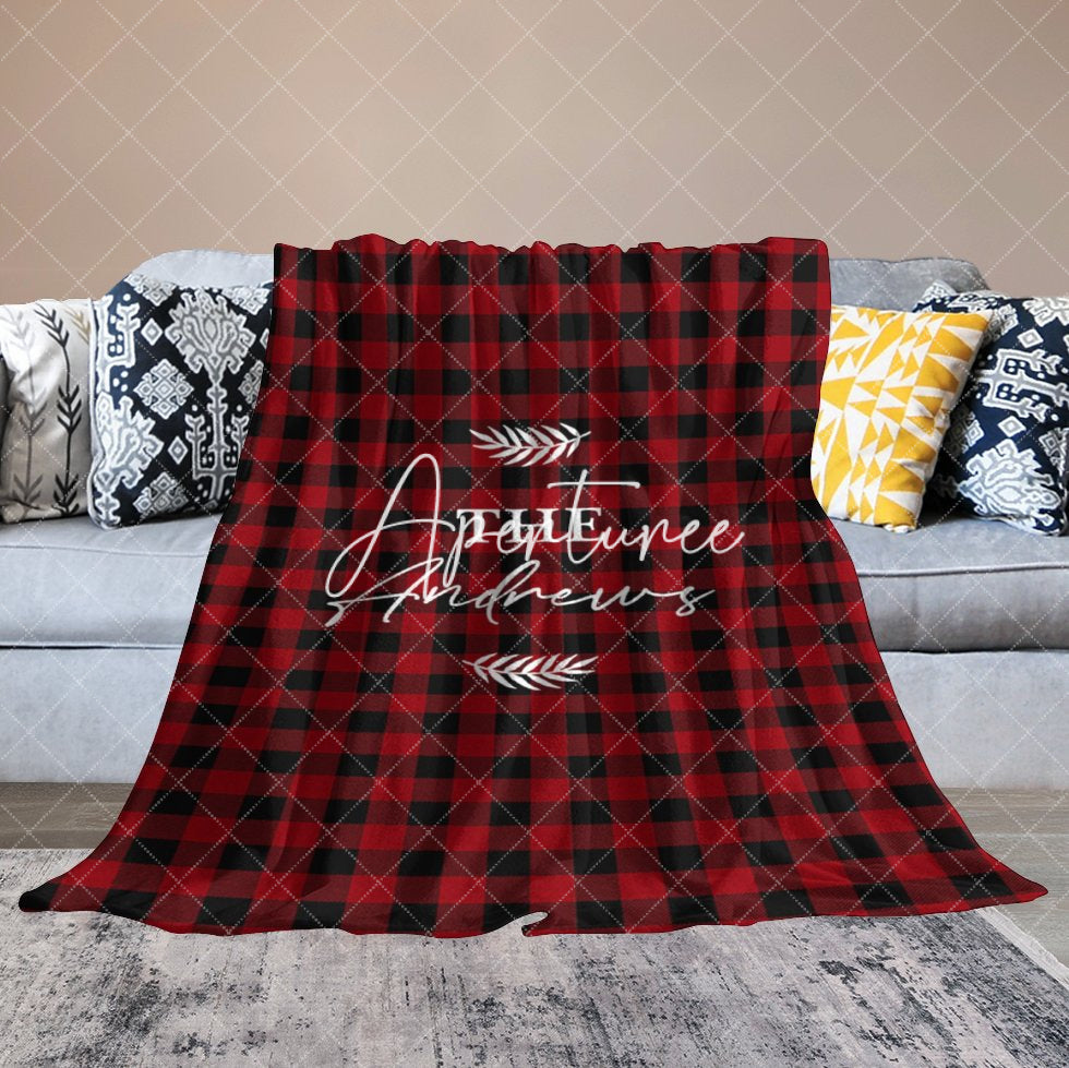 Aperturee - Aperturee Red Black Plaid Leaves Custom Name Baby Blanket