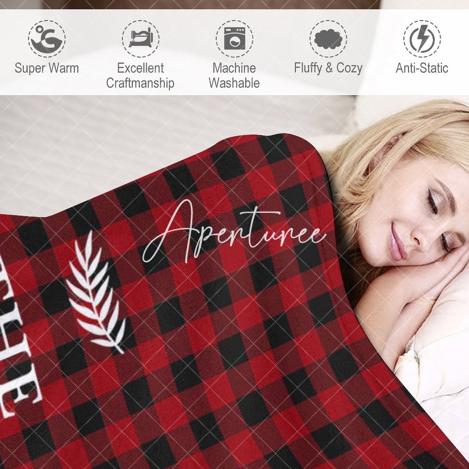 Aperturee - Aperturee Red Black Plaid Leaves Custom Name Baby Blanket