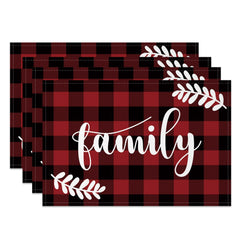 Aperturee - Aperturee Red Black Plaid Leaves Family Set Of 4 Placemats