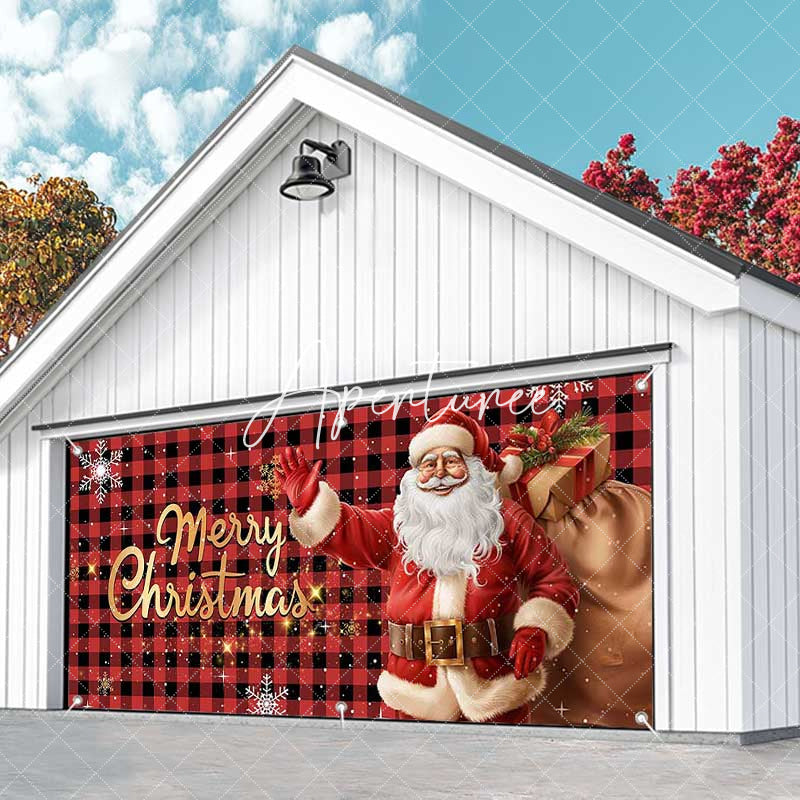 Aperturee - Aperturee Red Black Plaid Santa Christmas Garage Door Banner