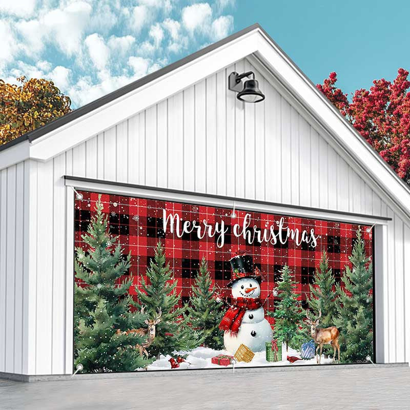 Aperturee - Aperturee Red Black Plaid Snowman Christmas Garage Door Banner