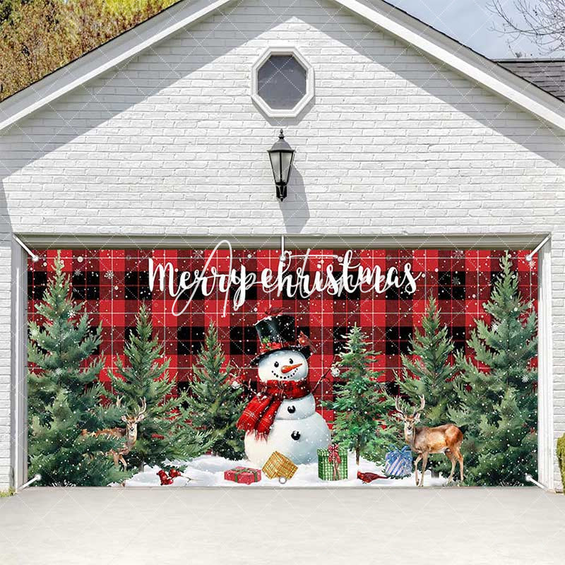 Aperturee - Aperturee Red Black Plaid Snowman Christmas Garage Door Banner