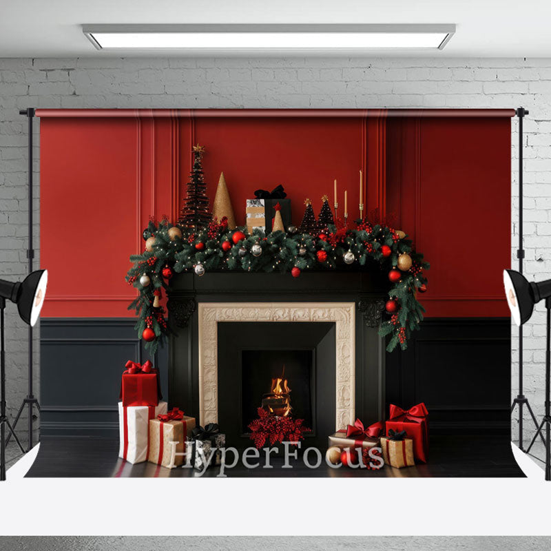 Aperturee - Aperturee Red Black Vintage Wall Fireplace Christmas Backdrop