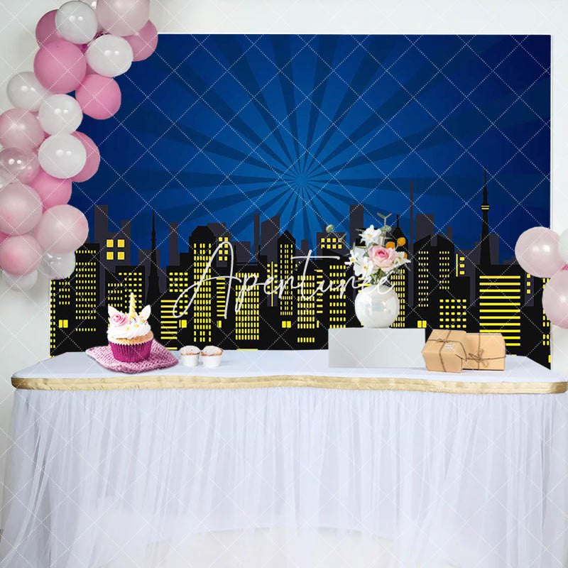 Aperturee - Aperturee Red Black Yellow City Scene Happy Birthday Backdrop