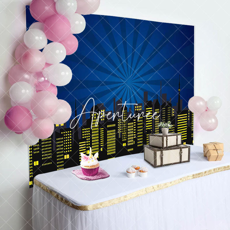 Aperturee - Aperturee Red Black Yellow City Scene Happy Birthday Backdrop