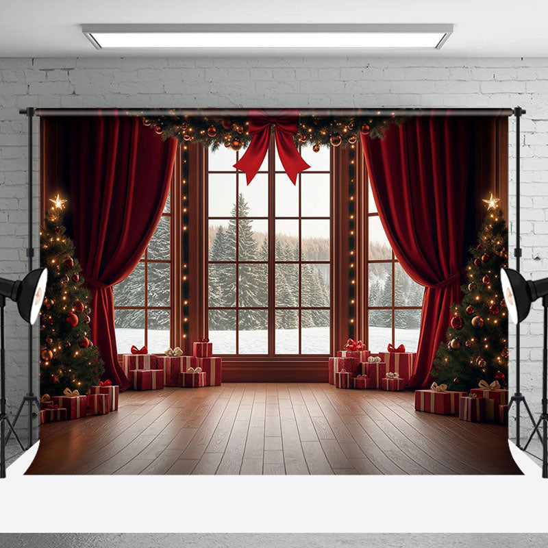 Aperturee - Aperturee Red Bowknot Curatin Window Winter Christmas Backdrop