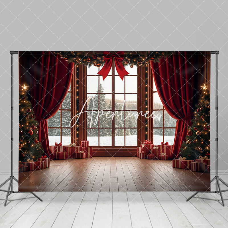 Aperturee - Aperturee Red Bowknot Curatin Window Winter Christmas Backdrop