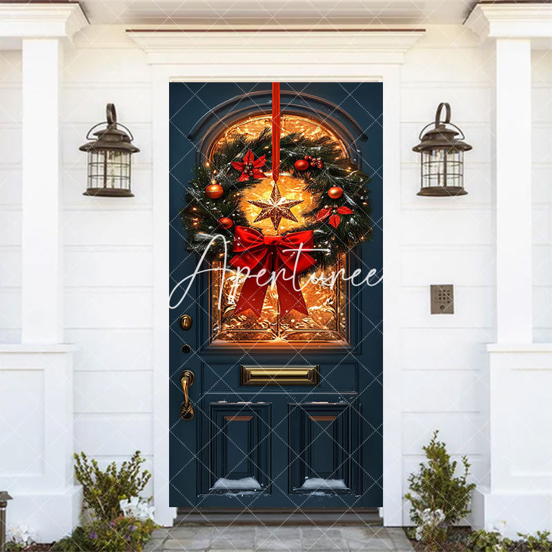 Aperturee - Aperturee Red Bowknot Star Wreath Light Xmas Navy Door Cover