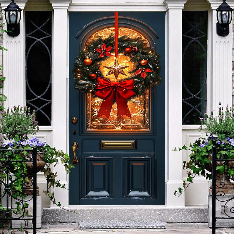 Aperturee - Aperturee Red Bowknot Star Wreath Light Xmas Navy Door Cover