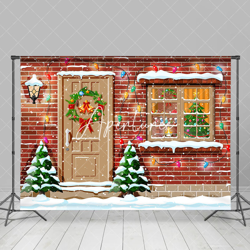 Aperturee - Aperturee Red Brick Wall Door Window Snow Christmas Backdrop