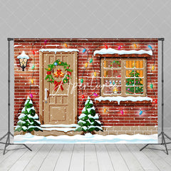 Aperturee - Aperturee Red Brick Wall Door Window Snow Christmas Backdrop