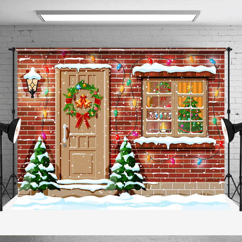 Aperturee - Aperturee Red Brick Wall Door Window Snow Christmas Backdrop