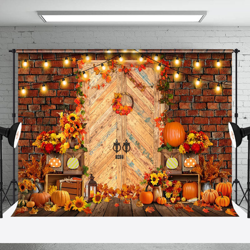 Aperturee - Aperturee Red Brick Wall Pumpkin Maples Sunflower Fall Backdrop