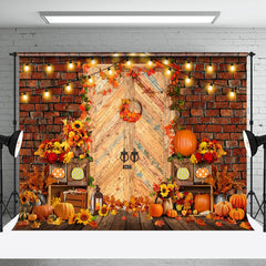 Aperturee - Aperturee Red Brick Wall Pumpkin Maples Sunflower Fall Backdrop