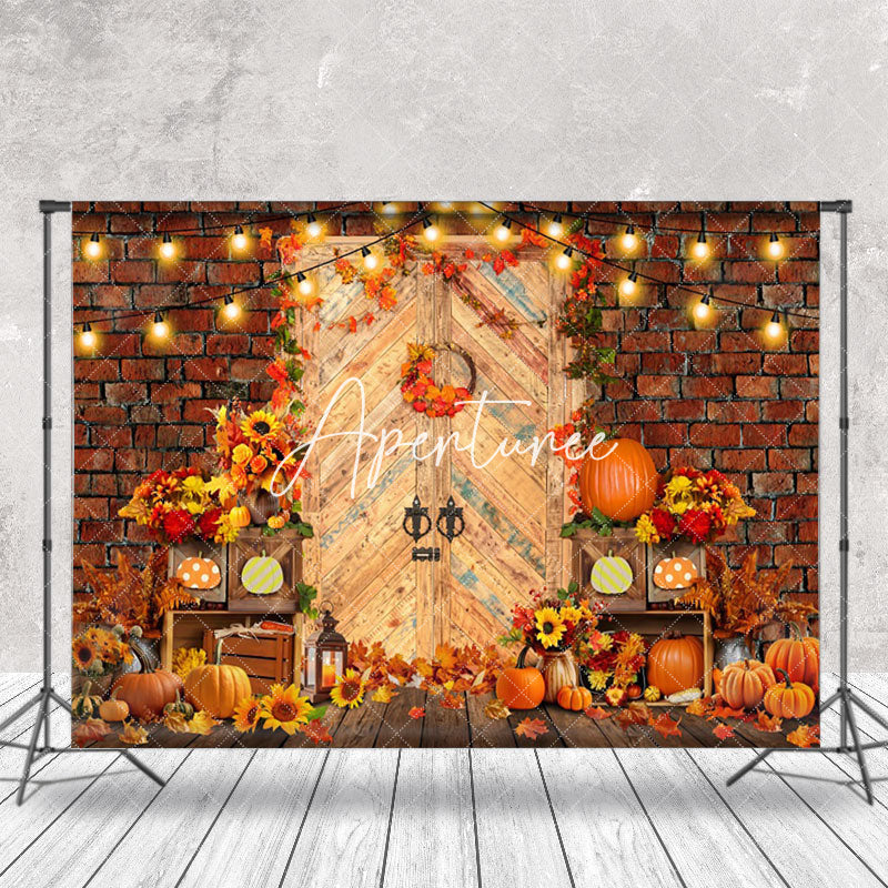 Aperturee - Aperturee Red Brick Wall Pumpkin Maples Sunflower Fall Backdrop