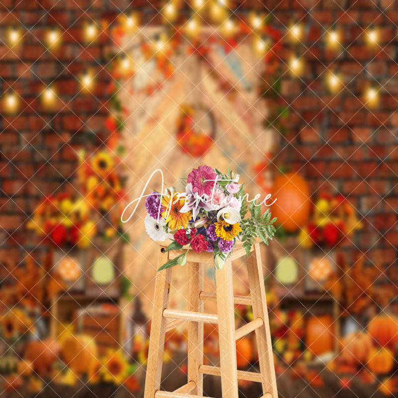 Aperturee - Aperturee Red Brick Wall Pumpkin Maples Sunflower Fall Backdrop