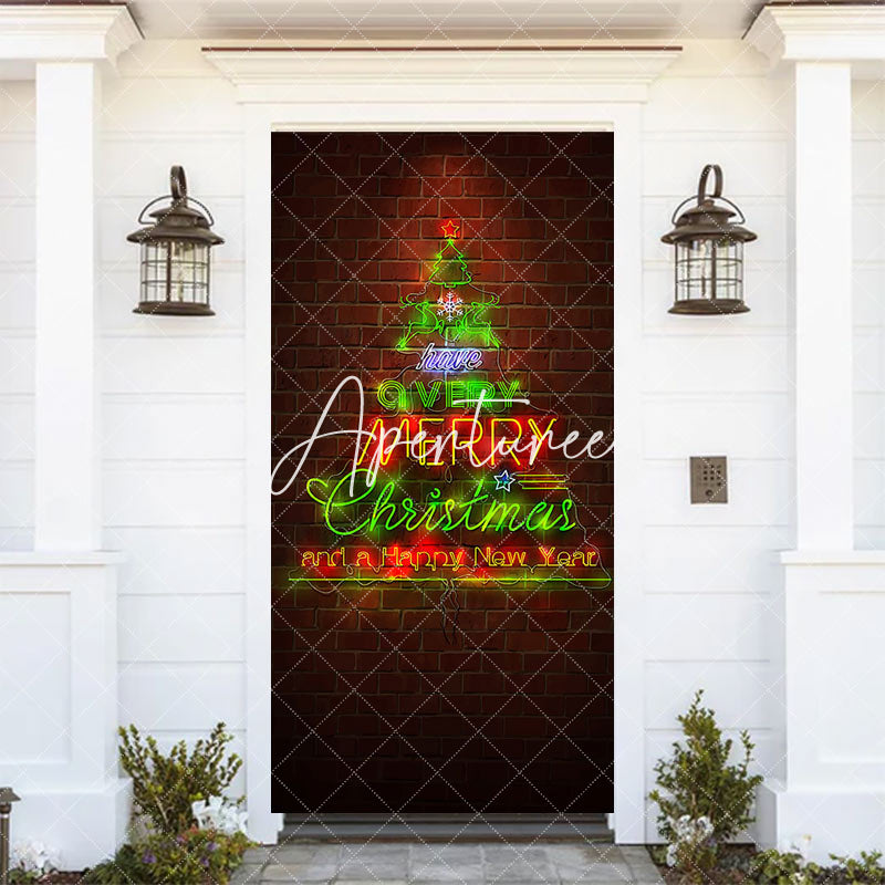 Aperturee - Aperturee Red Bricks Wall Green Neon Tree Christmas Door Cover