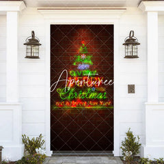 Aperturee - Aperturee Red Bricks Wall Green Neon Tree Christmas Door Cover