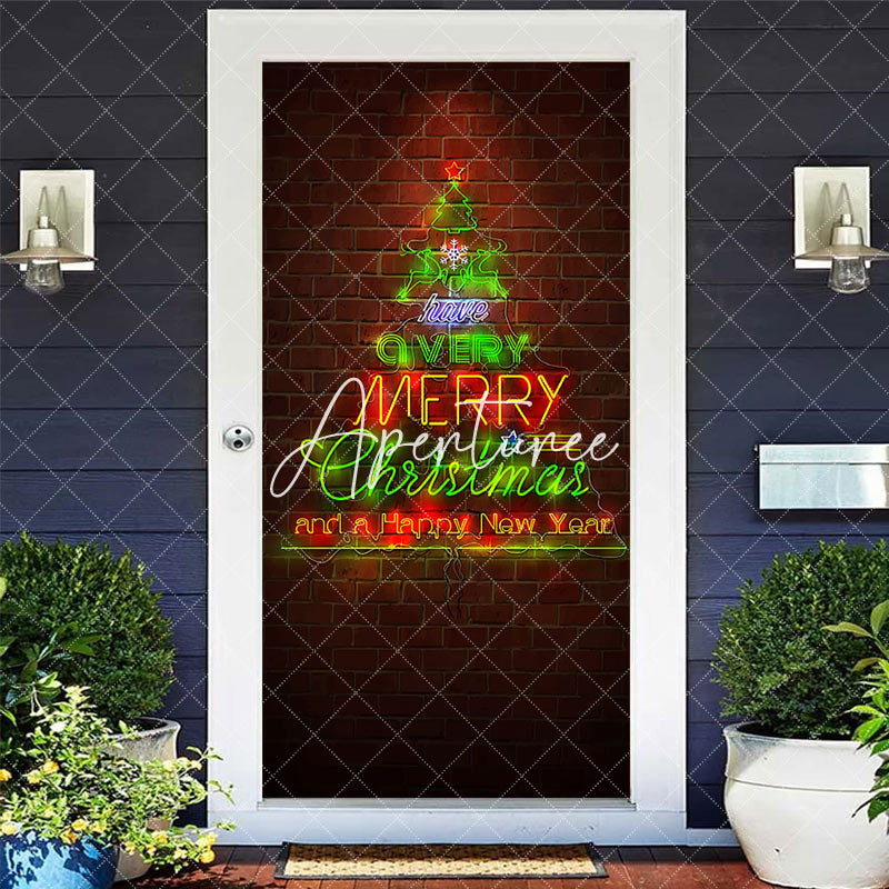 Aperturee - Aperturee Red Bricks Wall Green Neon Tree Christmas Door Cover