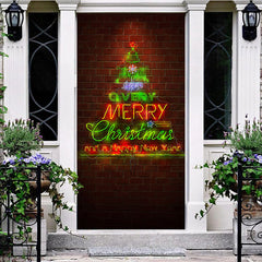 Aperturee - Aperturee Red Bricks Wall Green Neon Tree Christmas Door Cover