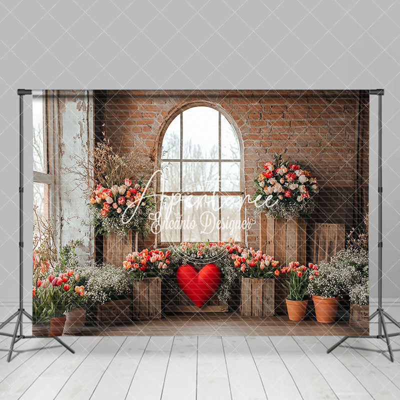 Aperturee - Aperturee Red Bricks Wall Window Floral Valentines Day Backdrop