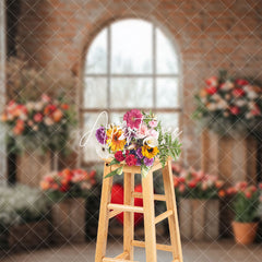 Aperturee - Aperturee Red Bricks Wall Window Floral Valentines Day Backdrop