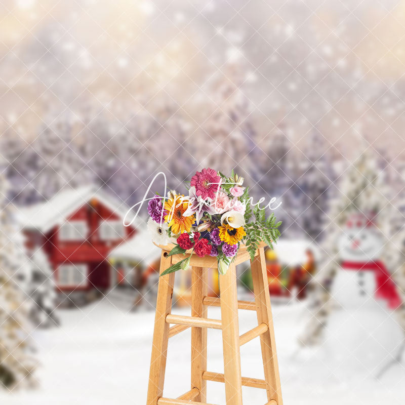 Aperturee - Aperturee Red Cabin Snowman Snowy Christmas Trees Backdrop