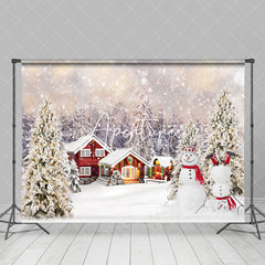 Aperturee - Aperturee Red Cabin Snowman Snowy Christmas Trees Backdrop