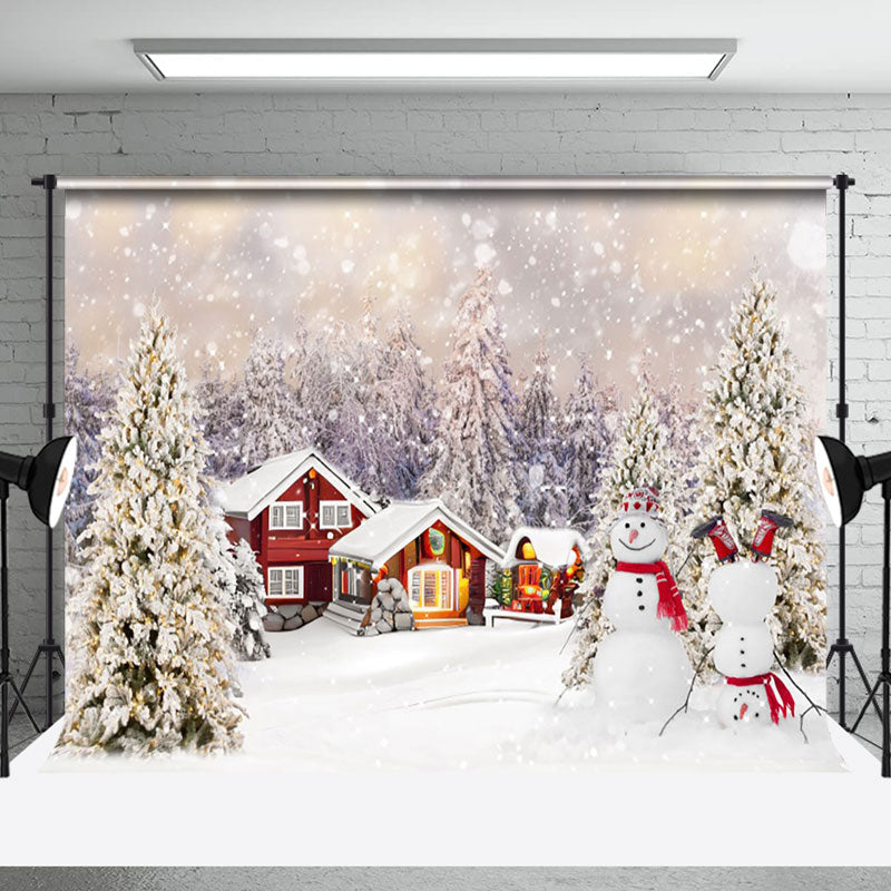 Aperturee - Aperturee Red Cabin Snowman Snowy Christmas Trees Backdrop