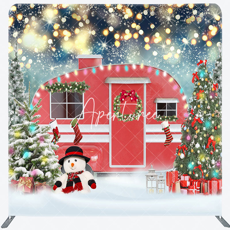 Aperturee - Aperturee Red Car Snowman Christmas Tree Tension Fabric Backdrop