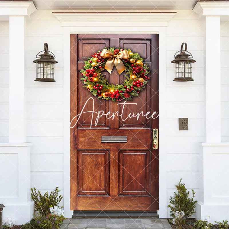 Aperturee - Aperturee Red Cherry Bowknot Wreath Wood Christmas Door Cover