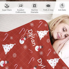 Aperturee - Aperturee Red Christmas White Tree Snowman Custom Name Blanket