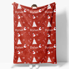 Aperturee - Aperturee Red Christmas White Tree Snowman Custom Name Blanket