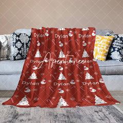 Aperturee - Aperturee Red Christmas White Tree Snowman Custom Name Blanket