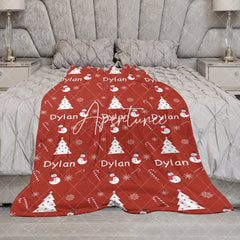 Aperturee - Aperturee Red Christmas White Tree Snowman Custom Name Blanket