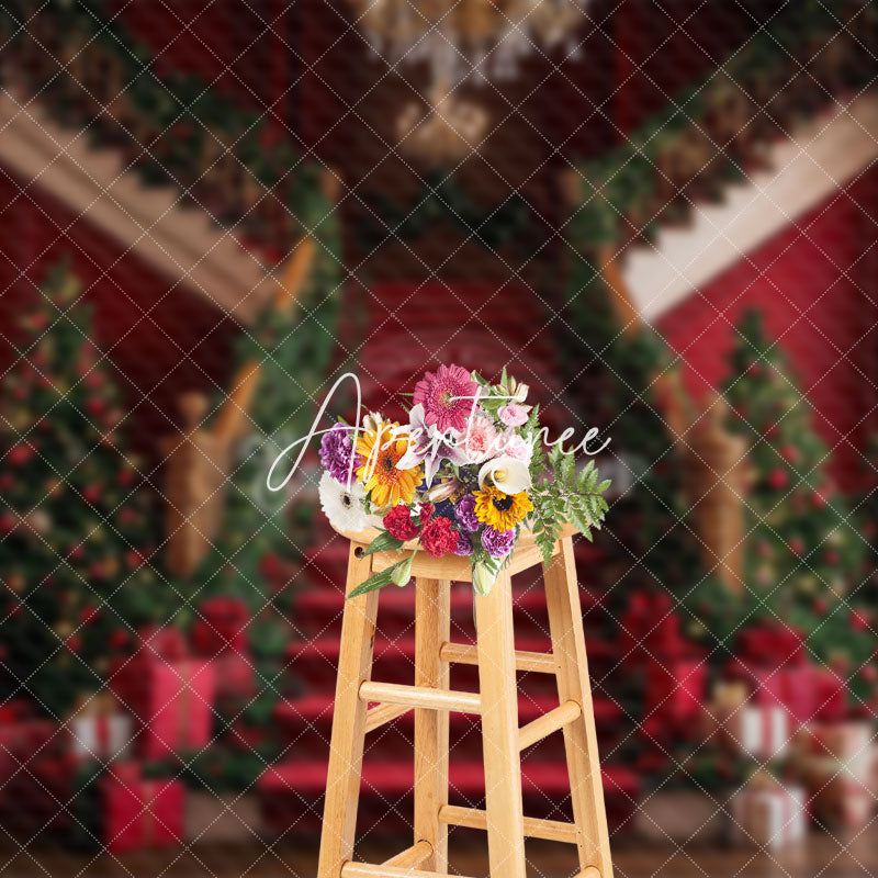 Aperturee - Aperturee Red Courtly Stairs Leaves Gifts Christmas Backdrop