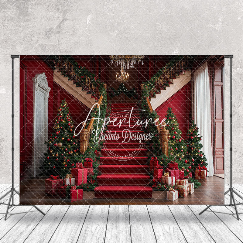 Aperturee - Aperturee Red Courtly Stairs Leaves Gifts Christmas Backdrop