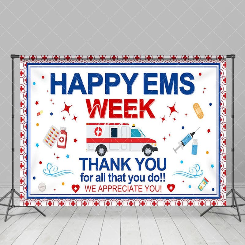 Aperturee - Aperturee Red Cross Ambulance Happy EMS Week Thank You Backdrop