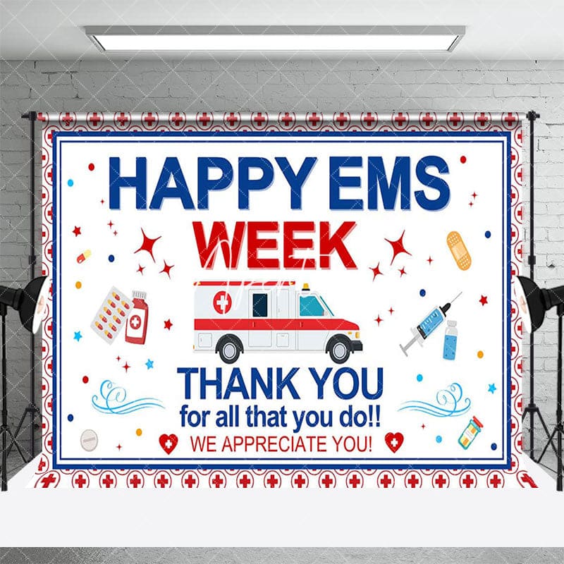 Aperturee - Aperturee Red Cross Ambulance Happy EMS Week Thank You Backdrop