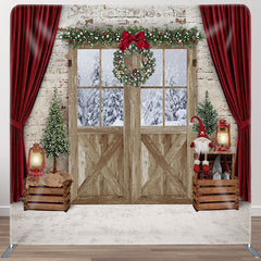 Aperturee - Aperturee Red Curtain And Wood Fabric Backdrop Cover for Christmas