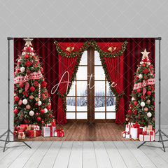 Aperturee - Aperturee Red Curtain Bell Window Winter Christmas Backdrop