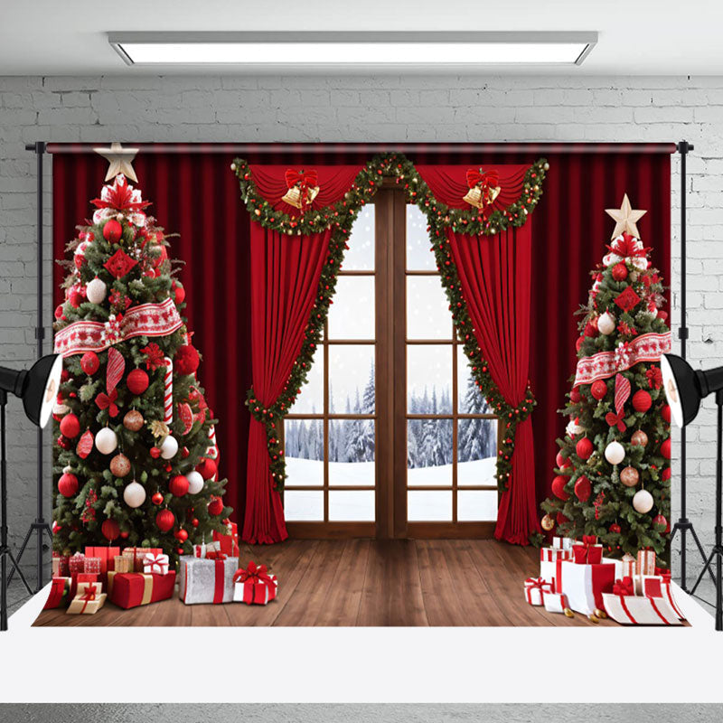 Aperturee - Aperturee Red Curtain Bell Window Winter Christmas Backdrop