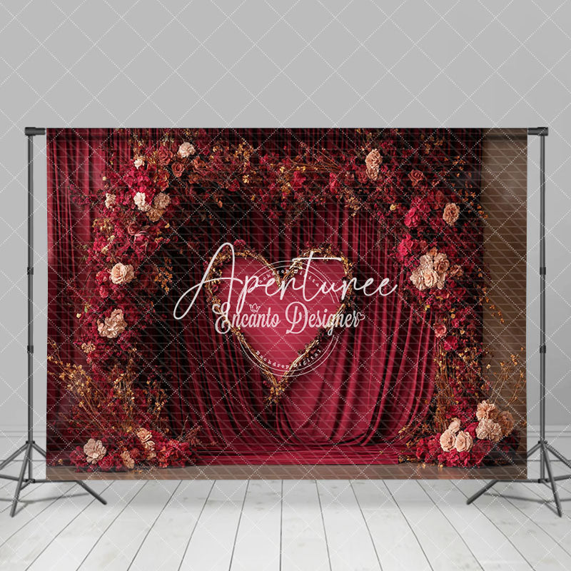 Aperturee - Aperturee Red Curtain Floral Arch Heart Valentines Day Backdrop