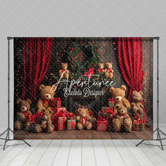 Aperturee - Aperturee Red Curtain Gifts Bear Wreath Christmas Vibe Backdrop