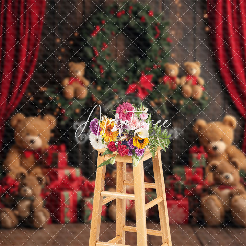 Aperturee - Aperturee Red Curtain Gifts Bear Wreath Christmas Vibe Backdrop