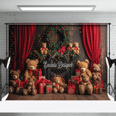 Aperturee - Aperturee Red Curtain Gifts Bear Wreath Christmas Vibe Backdrop