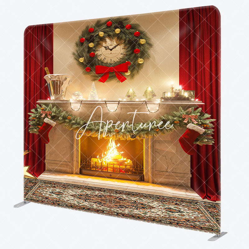 Aperturee - Aperturee Red Curtain House Wreath Xmas Pillow Case Backdrop