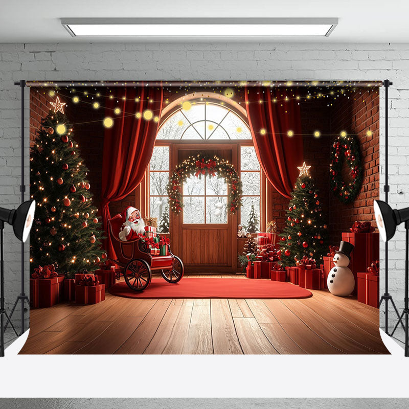 Aperturee - Aperturee Red Curtain Mat Santa Window Snow Christmas Backdrop