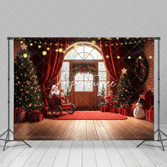 Aperturee - Aperturee Red Curtain Mat Santa Window Snow Christmas Backdrop