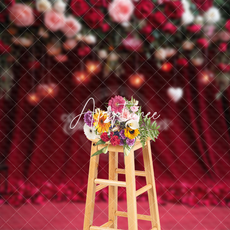 Aperturee - Aperturee Red Curtain Petal Floral Valentines Day Backdrop